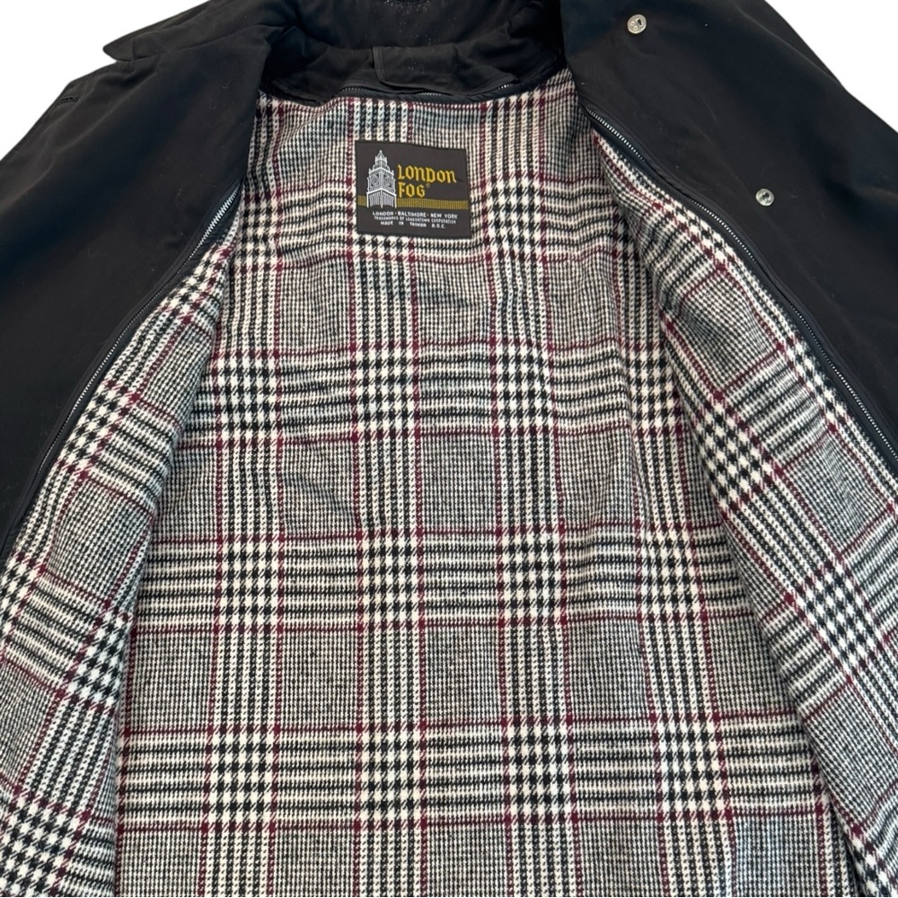 London Fog Black Trench Coat with Plaid Lining - Picture 4 of 7